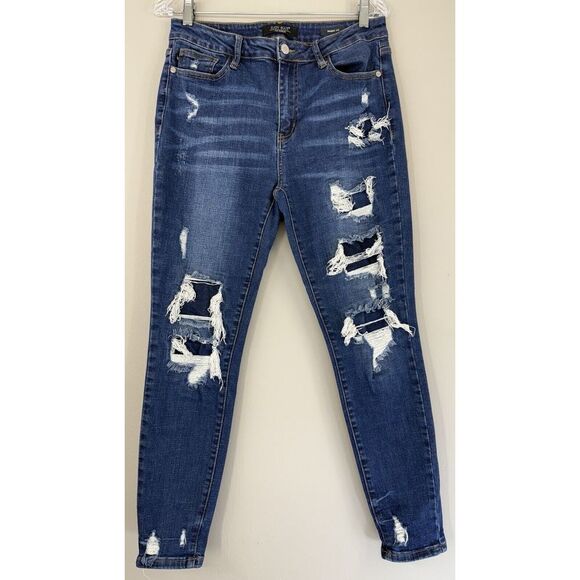 Judy Blue Denim - Judy Blue Skinny Fit Jeans Woman's 11/30 Distressed Denim Patched Ankle Blue